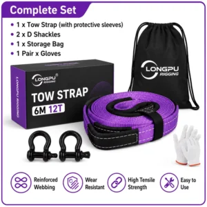 4M 8T Heavy Duty Car Towing Strap Kit Polyester Recovery Rope with D Ring Shackles Gloves