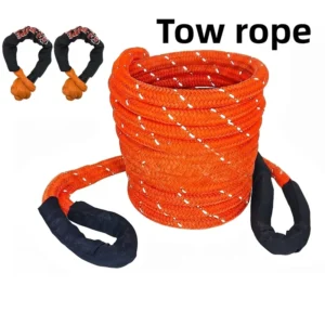 Automotive Reflective Round Tow Rope Off Road Rescue Bungee Cord Recovery Nylon Strap with Tow Hook Soft Shackle 17 Ton Capacity