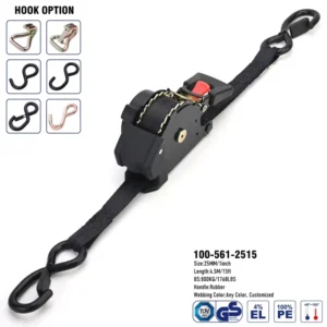 Polyester Webbing Cargo Lashing Strap 1 Inch Retractable Tie Down Straps With S Hook